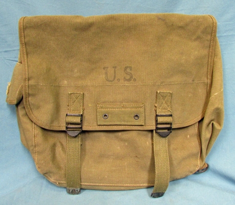 Stewart&#39;s Military Antiques - - US WWII, Dark OD Canvas Musette Bag, Named, 1944 Dated - $65.00